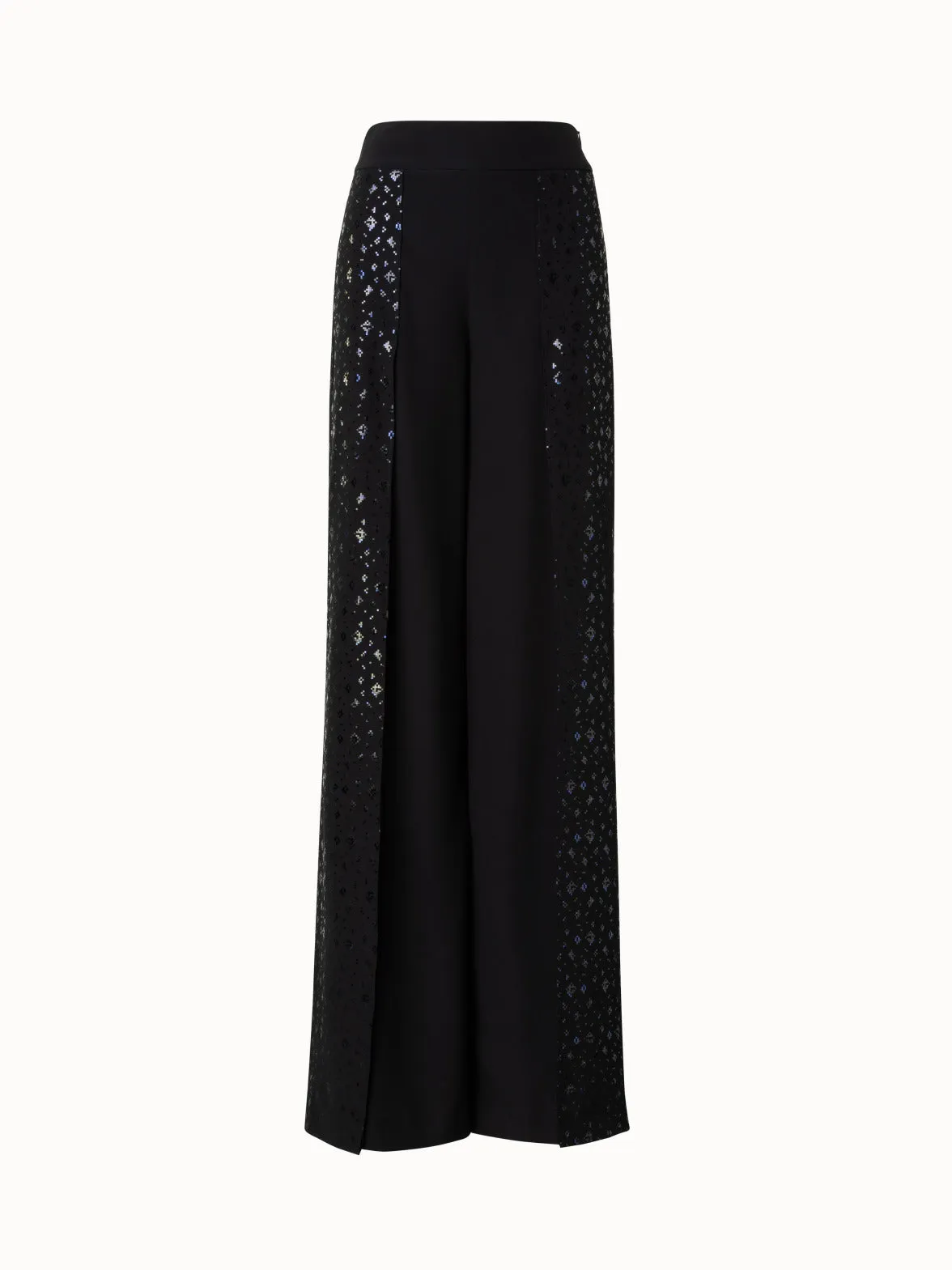 Double-Layer Silk Crêpe Wide Leg Pants with Pixel Foil Embellishment
