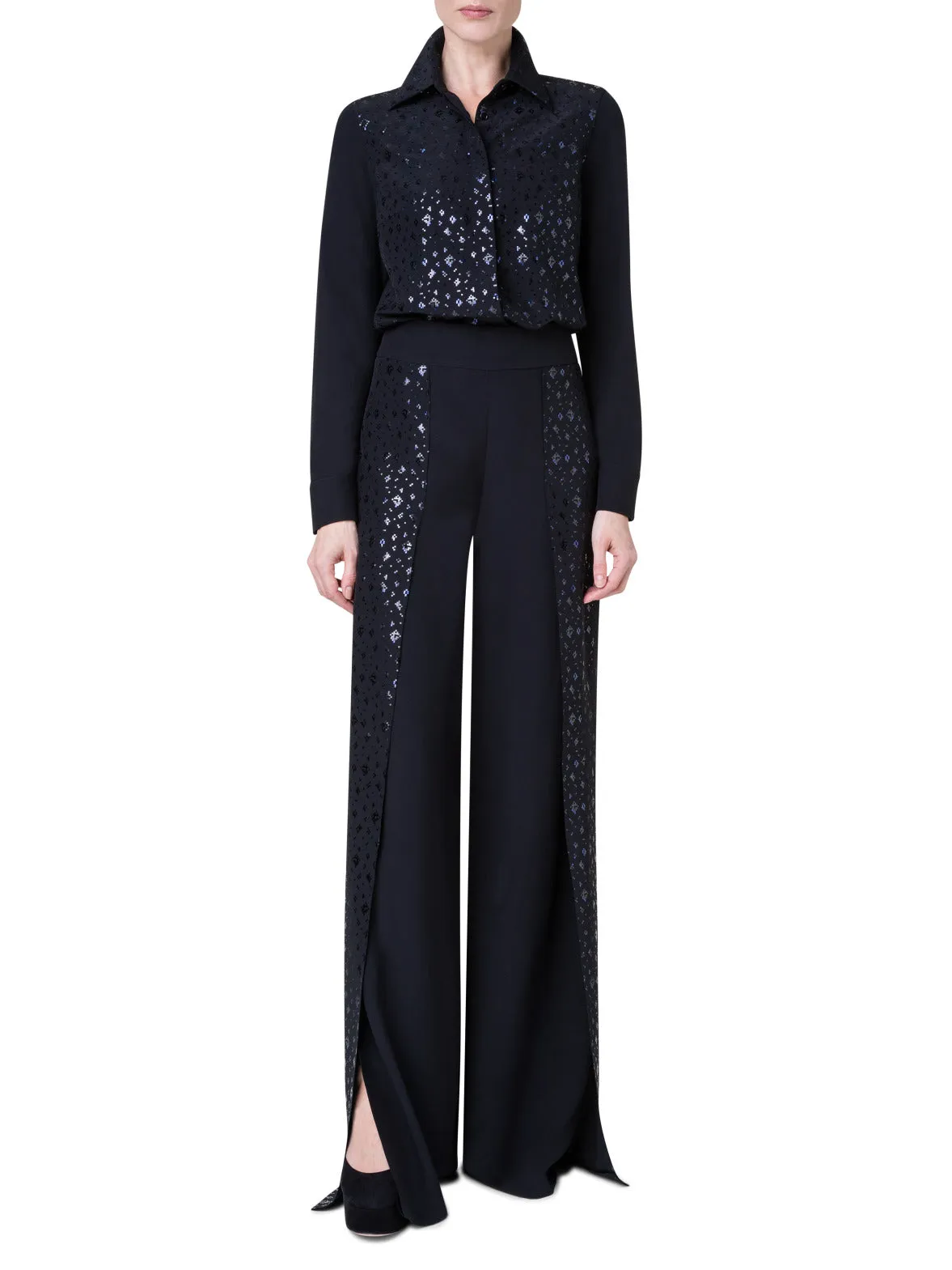 Double-Layer Silk Crêpe Wide Leg Pants with Pixel Foil Embellishment