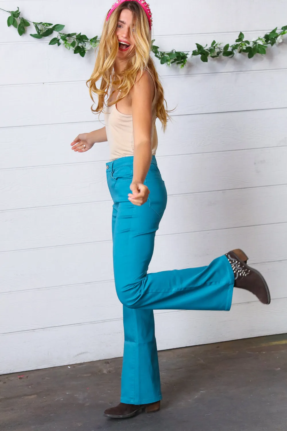 Dusty Teal High Rise Bootcut Colored Denim Jeans