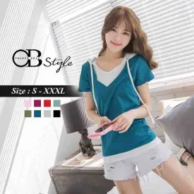 FAKE TWO PIECE SHORT SLEEVE HOODED