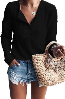 Famulily Women's Waffle Knit Tunic Tops Loose Long Sleeve Button Up V Neck Henley Shirts