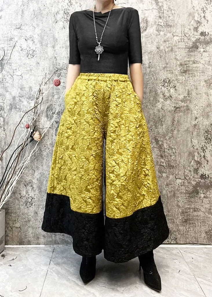 Fashion Yellow Pockets Jacquard Patchwork Silk Wide Leg Pants Spring LY4540
