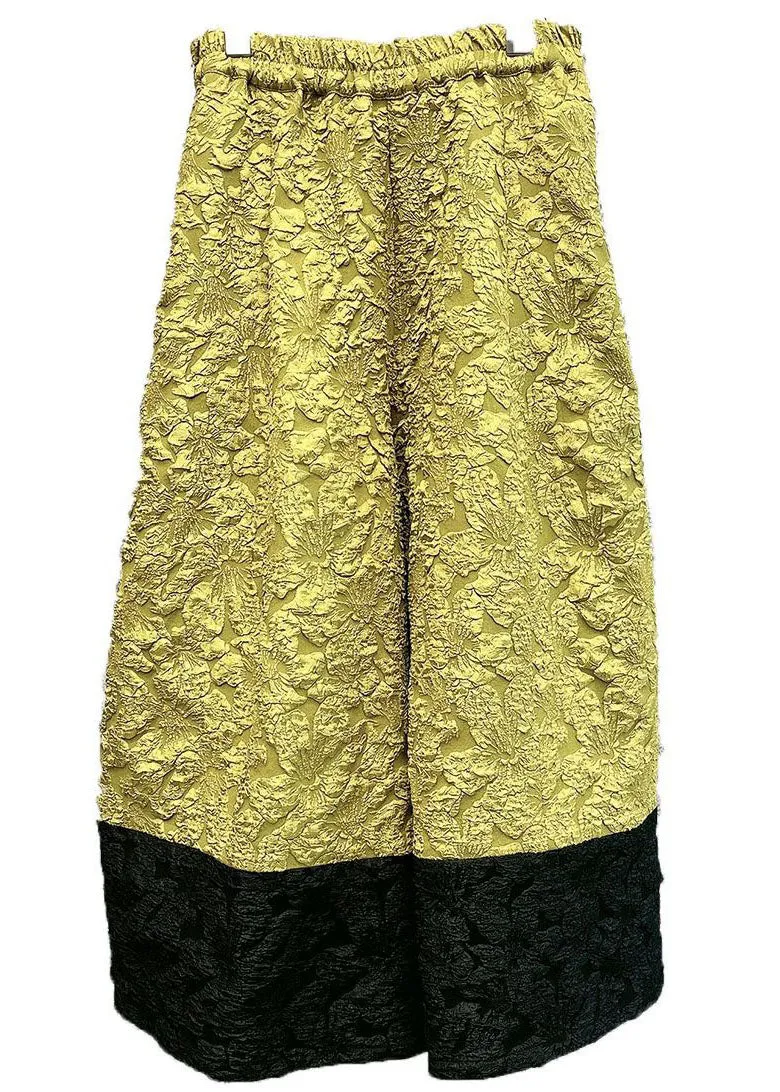 Fashion Yellow Pockets Jacquard Patchwork Silk Wide Leg Pants Spring LY4540
