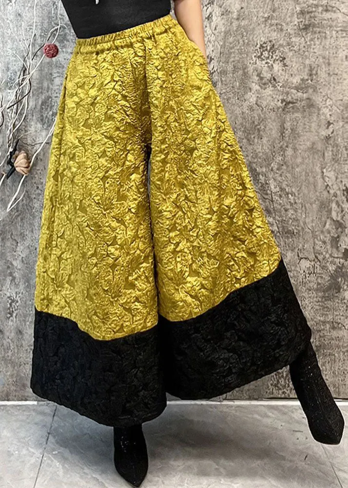 Fashion Yellow Pockets Jacquard Patchwork Silk Wide Leg Pants Spring LY4540