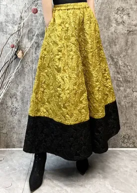 Fashion Yellow Pockets Jacquard Patchwork Silk Wide Leg Pants Spring LY4540