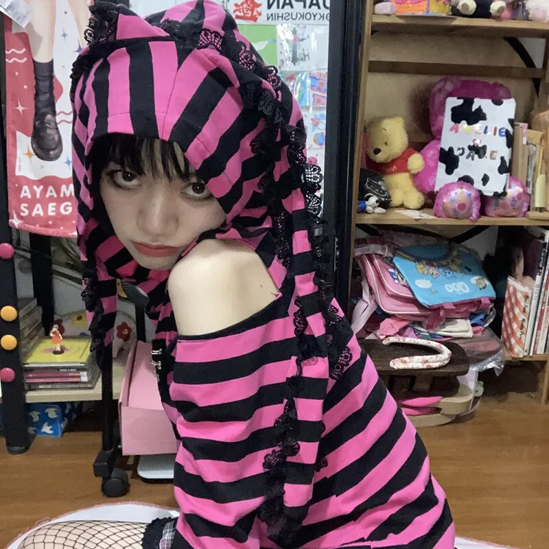 Fashionkova  Japanese Pink Black Striped Hoodie Harajuku Y2k Sweet 2000S Pink Print Long Sleeve Egirl Ears Hooded Alt Gothic Punk Emo Clothes