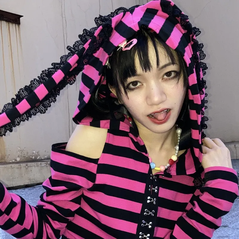 Fashionkova  Japanese Pink Black Striped Hoodie Harajuku Y2k Sweet 2000S Pink Print Long Sleeve Egirl Ears Hooded Alt Gothic Punk Emo Clothes