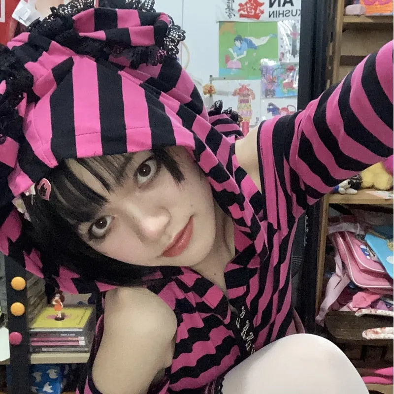 Fashionkova  Japanese Pink Black Striped Hoodie Harajuku Y2k Sweet 2000S Pink Print Long Sleeve Egirl Ears Hooded Alt Gothic Punk Emo Clothes