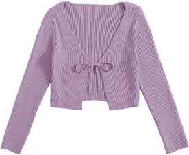 Floerns Women's Tie Front Long Sleeve Rib Knit Shrug Sweaters Cardigan Crop Top
