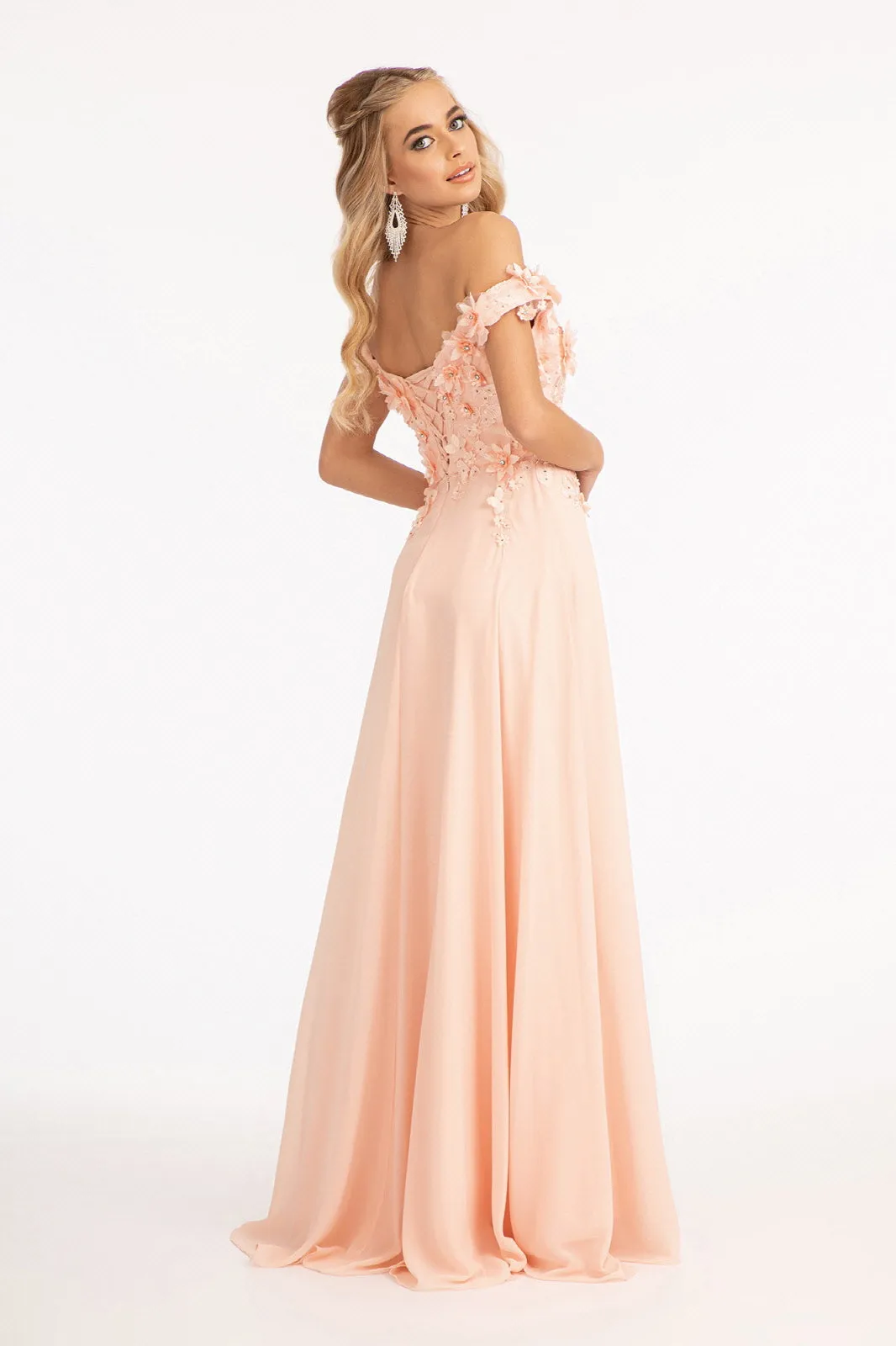 Floral 3D Applique and Embroidery Embellished Bodice A-Line Chiffon Dress GLGL3018