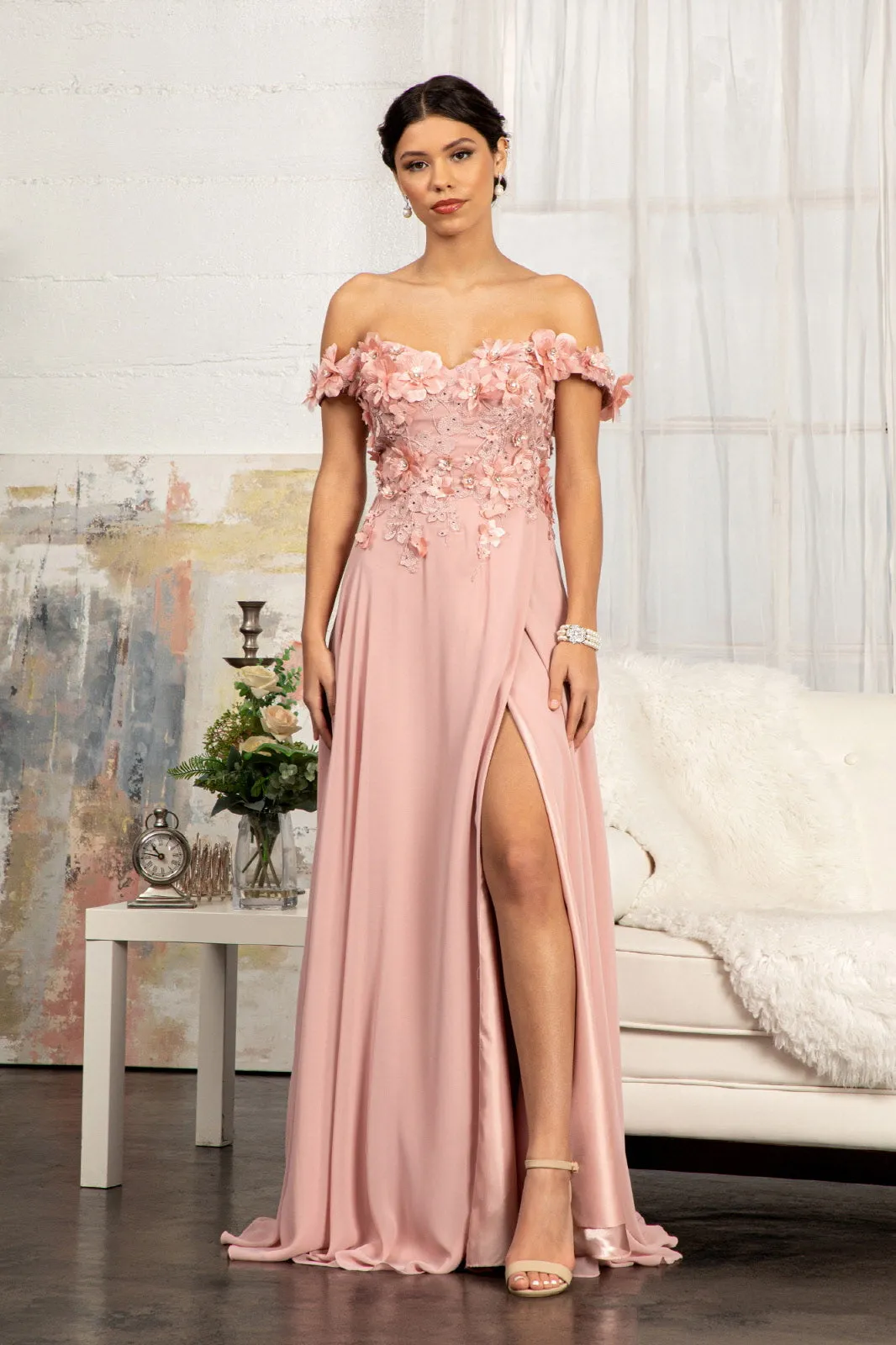 Floral 3D Applique and Embroidery Embellished Bodice A-Line Chiffon Dress GLGL3018