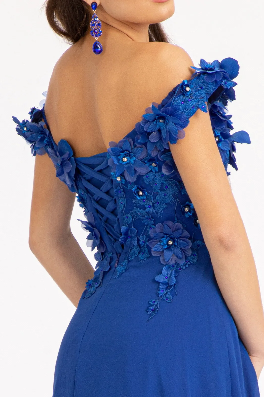 Floral 3D Applique and Embroidery Embellished Bodice A-Line Chiffon Dress GLGL3018