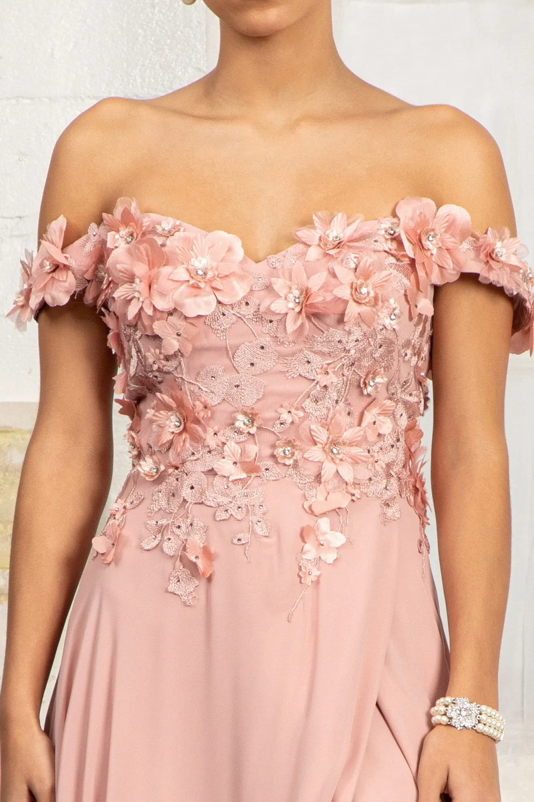 Floral 3D Applique and Embroidery Embellished Bodice A-Line Chiffon Dress GLGL3018