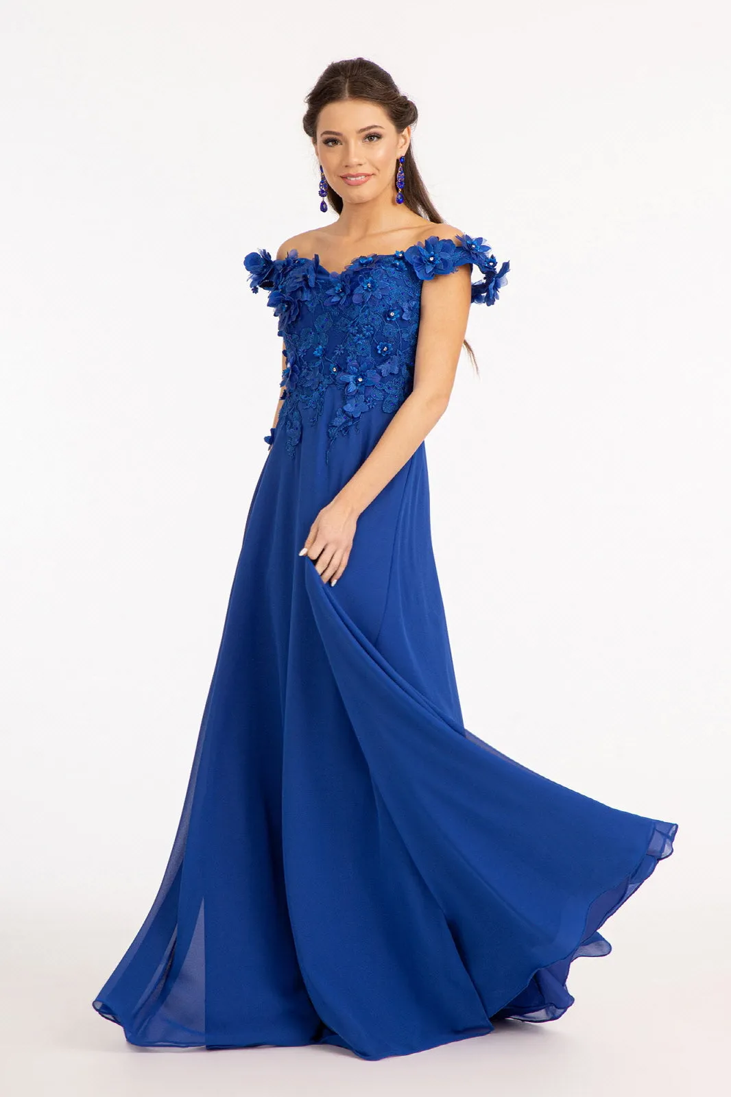 Floral 3D Applique and Embroidery Embellished Bodice A-Line Chiffon Dress GLGL3018