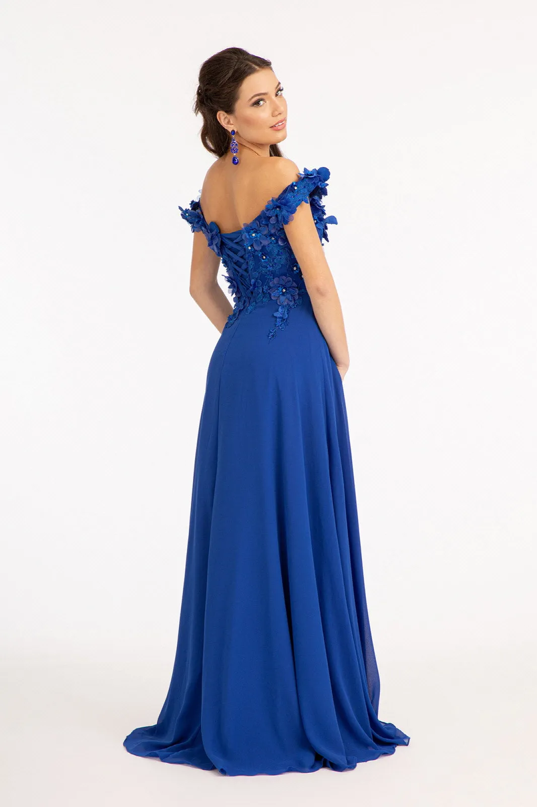 Floral 3D Applique and Embroidery Embellished Bodice A-Line Chiffon Dress GLGL3018
