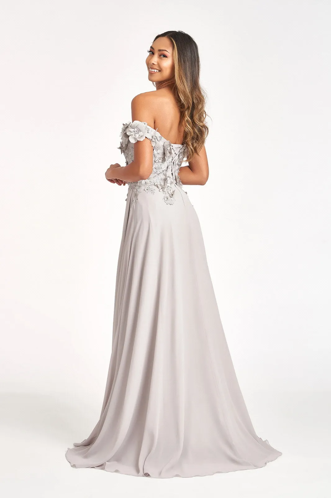 Floral 3D Applique and Embroidery Embellished Bodice A-Line Chiffon Dress GLGL3018