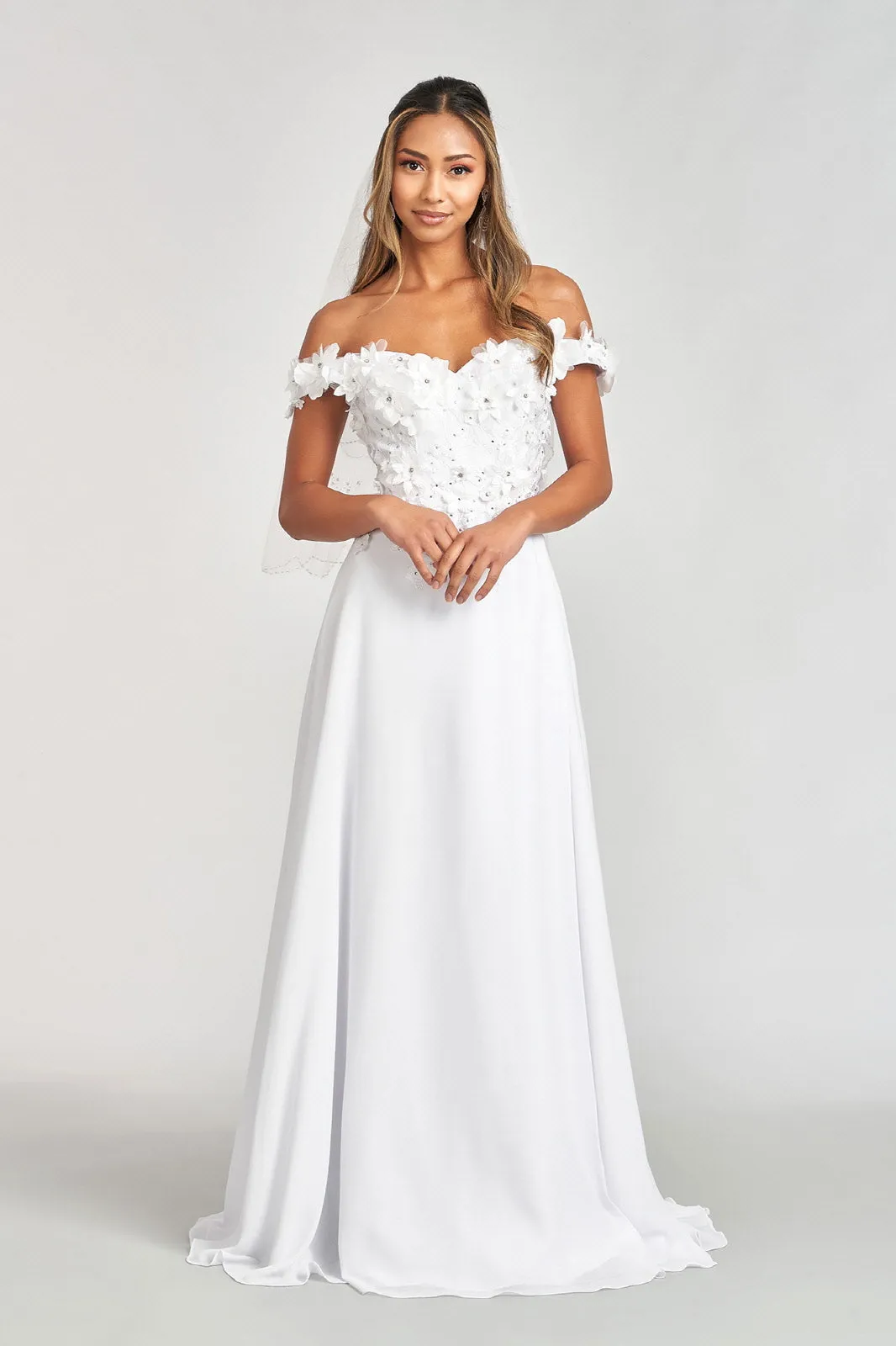 Floral 3D Applique and Embroidery Embellished Bodice A-Line Chiffon Dress GLGL3018