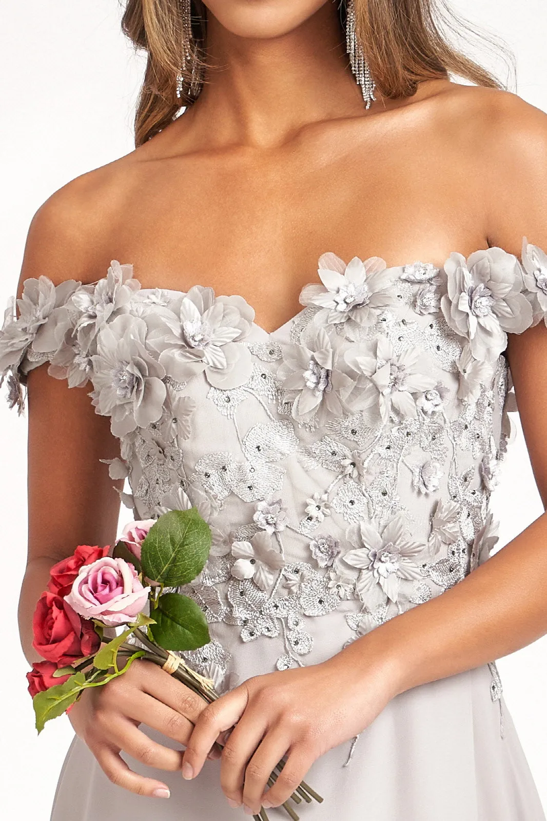 Floral 3D Applique and Embroidery Embellished Bodice A-Line Chiffon Dress GLGL3018