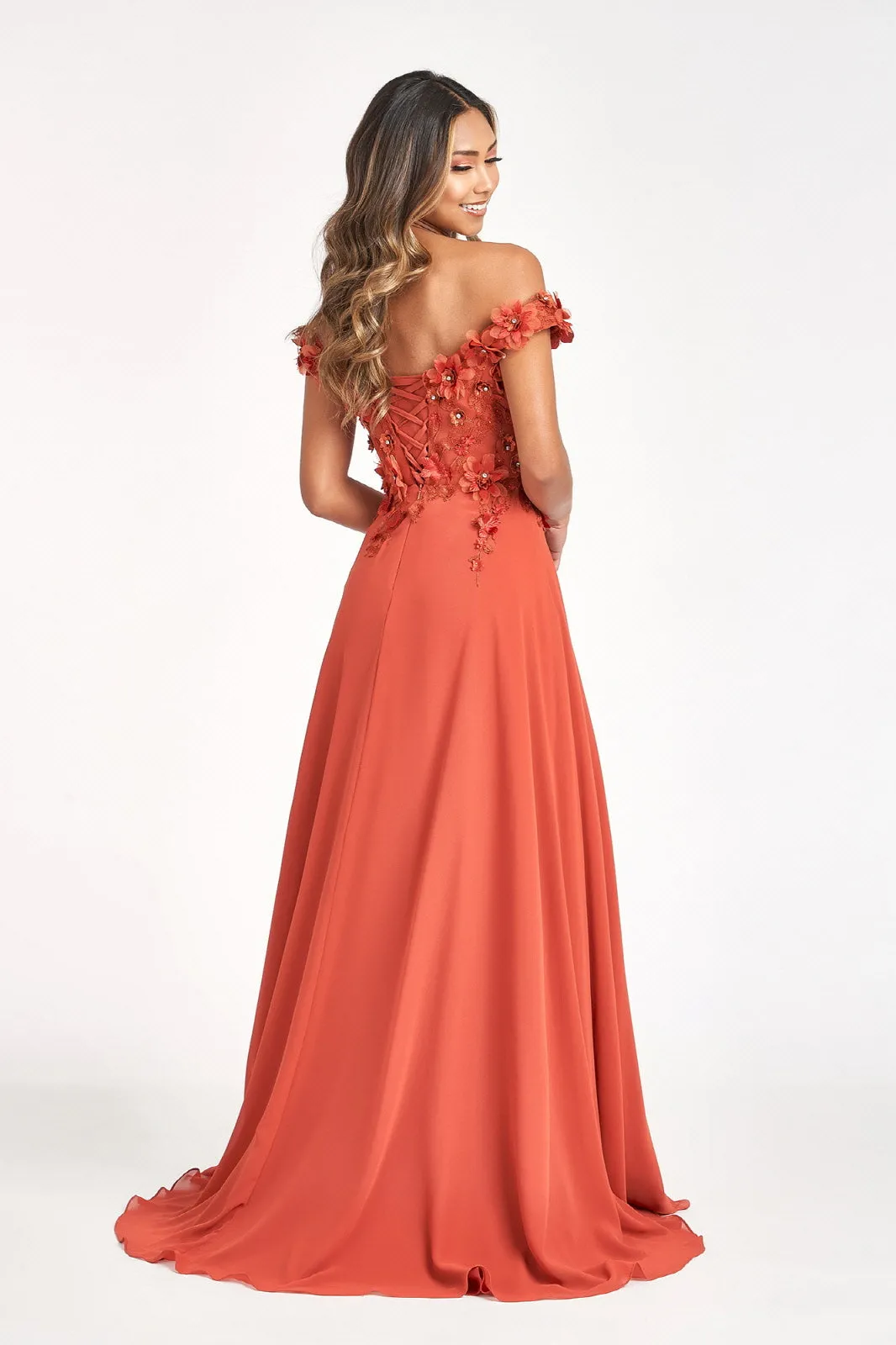 Floral 3D Applique and Embroidery Embellished Bodice A-Line Chiffon Dress GLGL3018