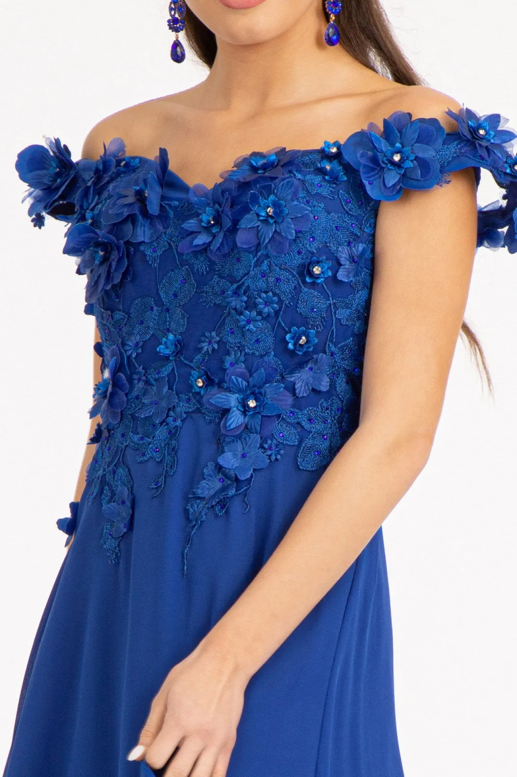 Floral 3D Applique and Embroidery Embellished Bodice A-Line Chiffon Dress GLGL3018