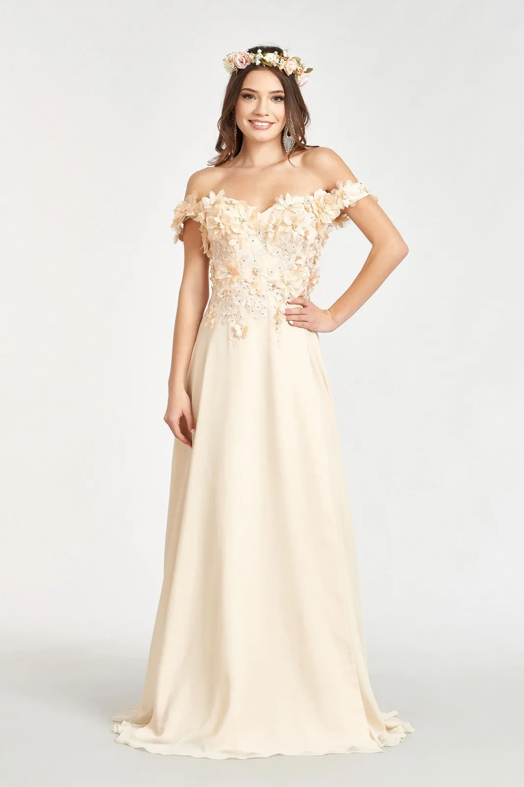 Floral 3D Applique and Embroidery Embellished Bodice A-Line Chiffon Dress GLGL3018