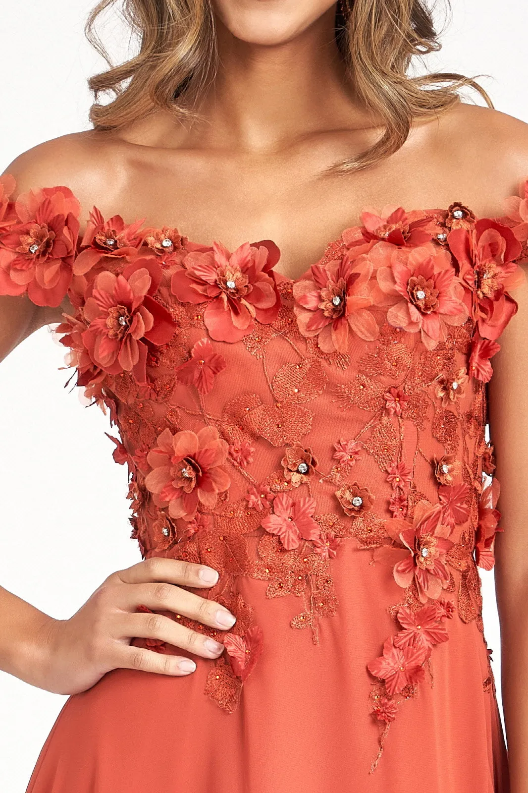 Floral 3D Applique and Embroidery Embellished Bodice A-Line Chiffon Dress GLGL3018