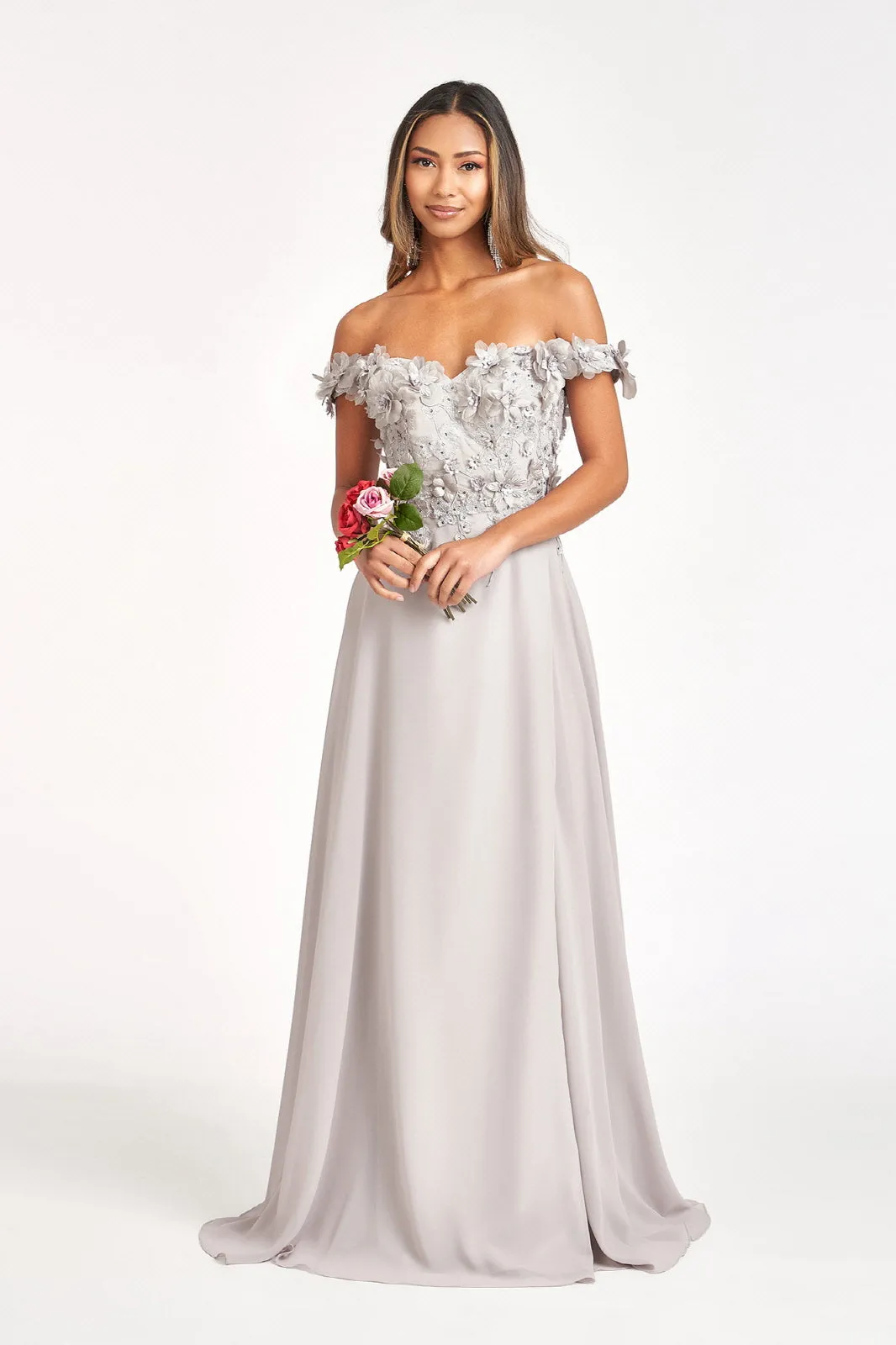 Floral 3D Applique and Embroidery Embellished Bodice A-Line Chiffon Dress GLGL3018