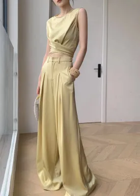 French Yellow O-Neck Silk Top And Wide Leg Pants Two Pieces Set Sleeveless AN1027
