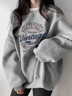 Girlary Grey Womens Clothing Vintage Street Sweatshirt Hooded Harajuku Y2K Letter Pullover Long Sleeves Warm Oversize Baggy Ladies Tops
