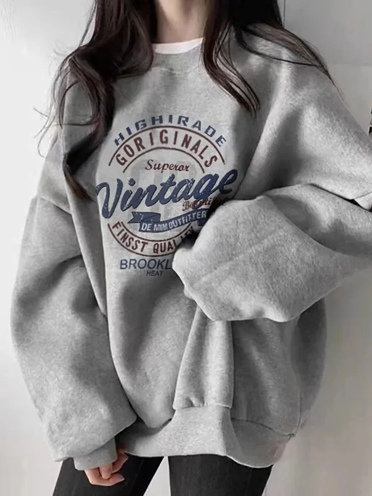Girlary Grey Womens Clothing Vintage Street Sweatshirt Hooded Harajuku Y2K Letter Pullover Long Sleeves Warm Oversize Baggy Ladies Tops