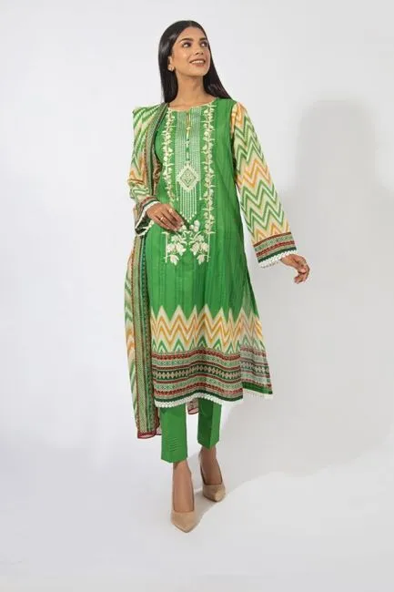 Green Printed Lawn Pakistani Suit Set With Embroidery