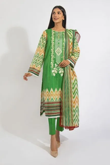 Green Printed Lawn Pakistani Suit Set With Embroidery