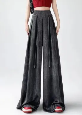 Handmade Black Grey Wrinkled Ice Silk Wide Leg Pants Summer RU003