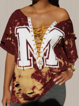 Handmade Solid White "M" Gold Lace Up Maroon Off-Shoulder Distressed Boyfriend Tee