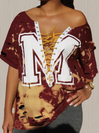 Handmade Solid White "M" Gold Lace Up Maroon Off-Shoulder Distressed Boyfriend Tee