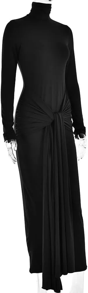 heyheyshine Women's Long Sleeve Turtleneck Maxi Dress Casual Long Dress Hollow Tie Waist Bodycon Dress