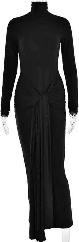 heyheyshine Women's Long Sleeve Turtleneck Maxi Dress Casual Long Dress Hollow Tie Waist Bodycon Dress