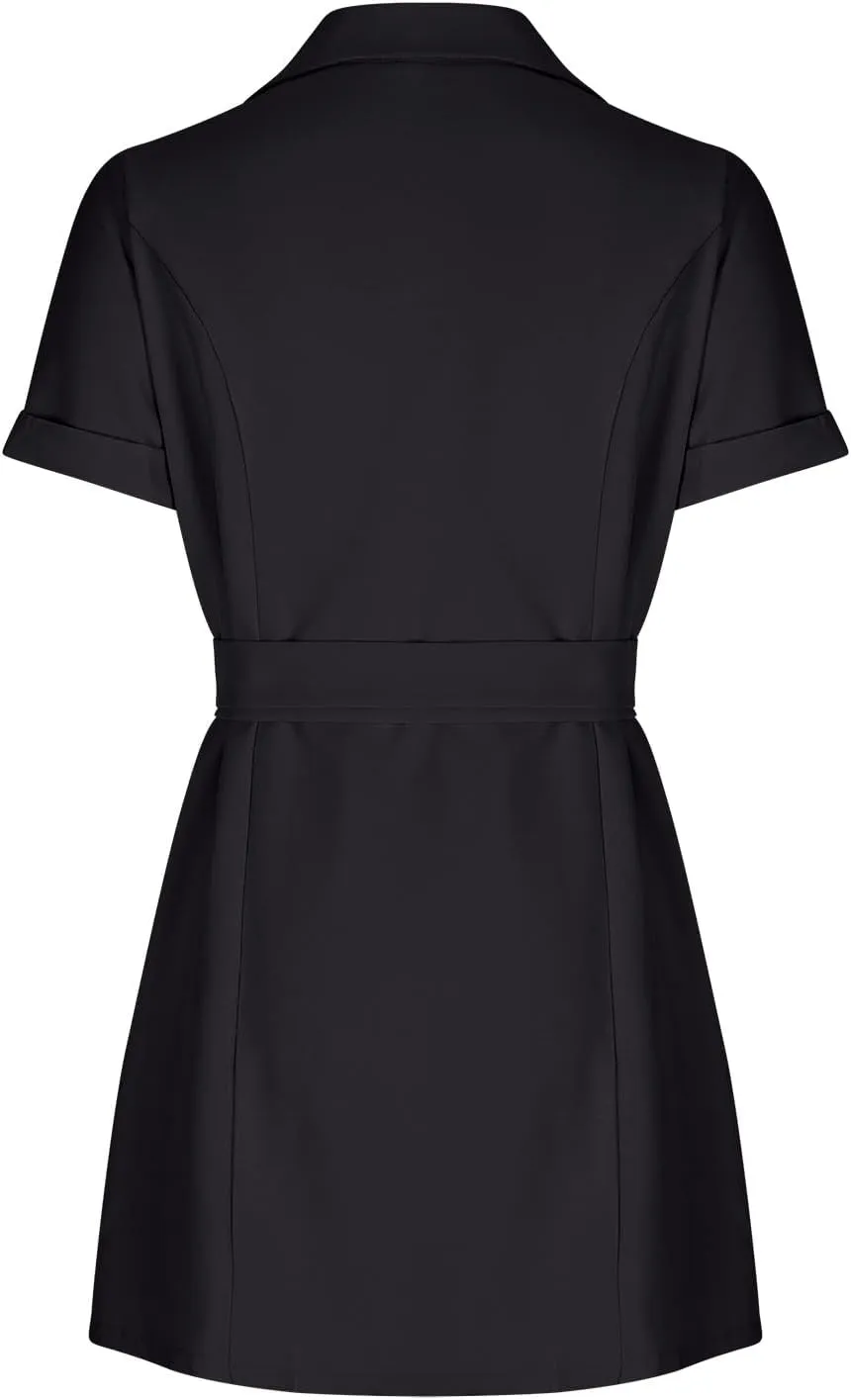HGps8w Women's Double-Breasted Blazer Dress Elegant Short Sleeve Formal Office Business Suit Jackets Pencil Dress with Belt