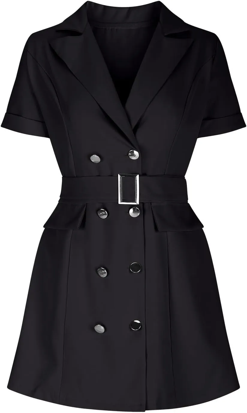 HGps8w Women's Double-Breasted Blazer Dress Elegant Short Sleeve Formal Office Business Suit Jackets Pencil Dress with Belt