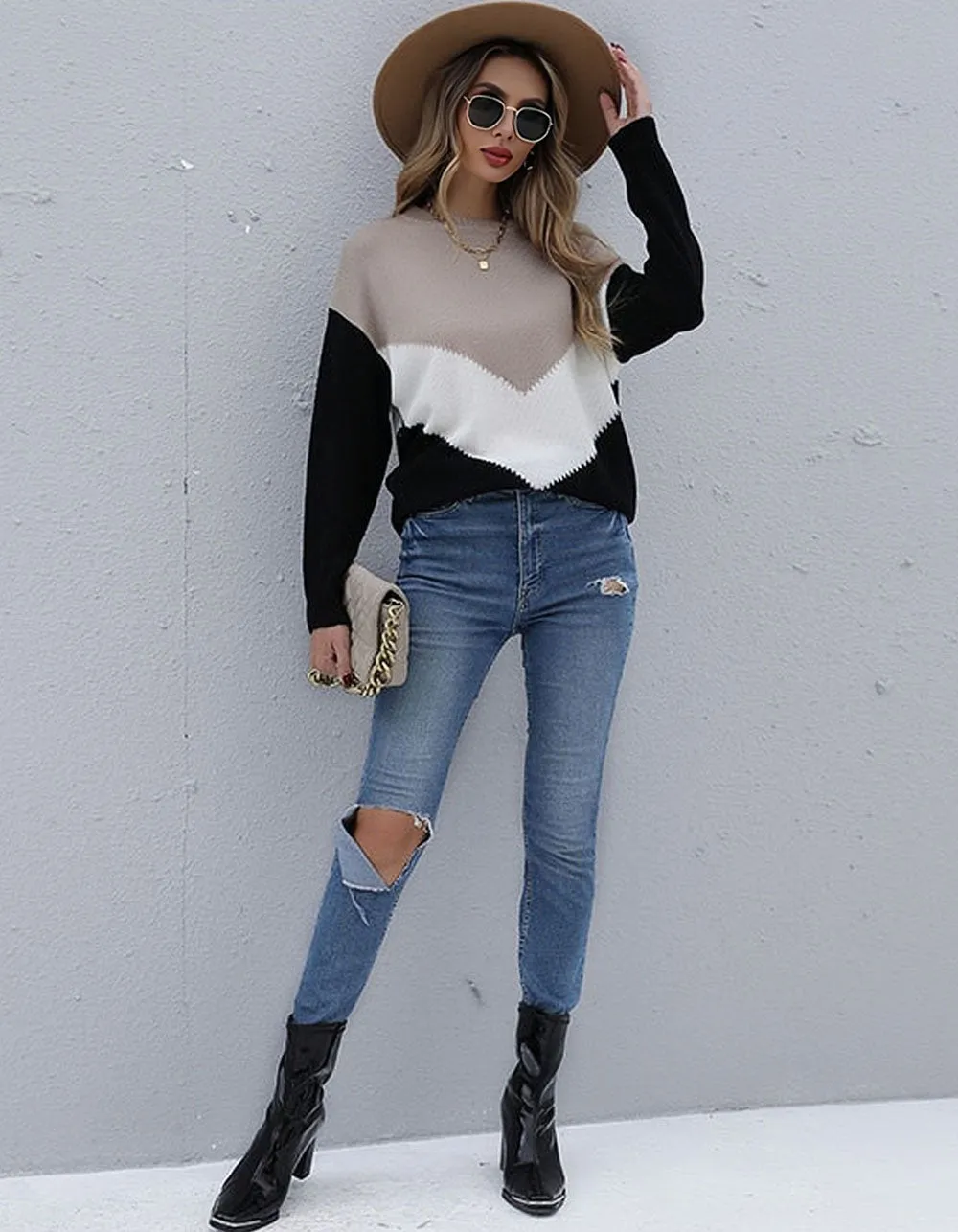 High Neck Colorblock Long Sleeve Knit Sweater