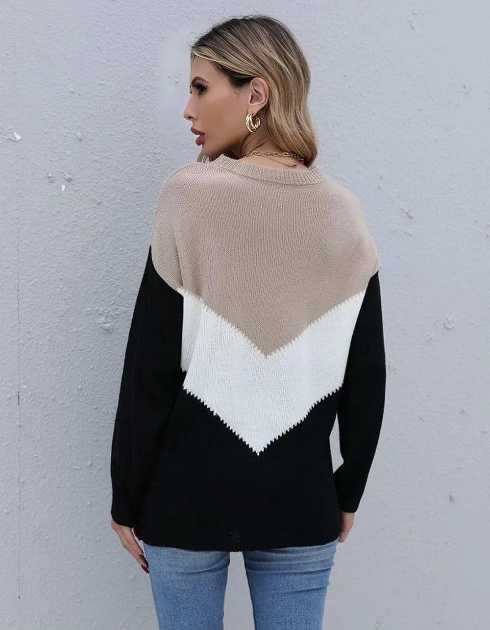 High Neck Colorblock Long Sleeve Knit Sweater