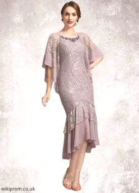 Jode Trumpet/Mermaid Scoop Neck Asymmetrical Chiffon Lace Mother of the Bride Dress SWK126P0014945