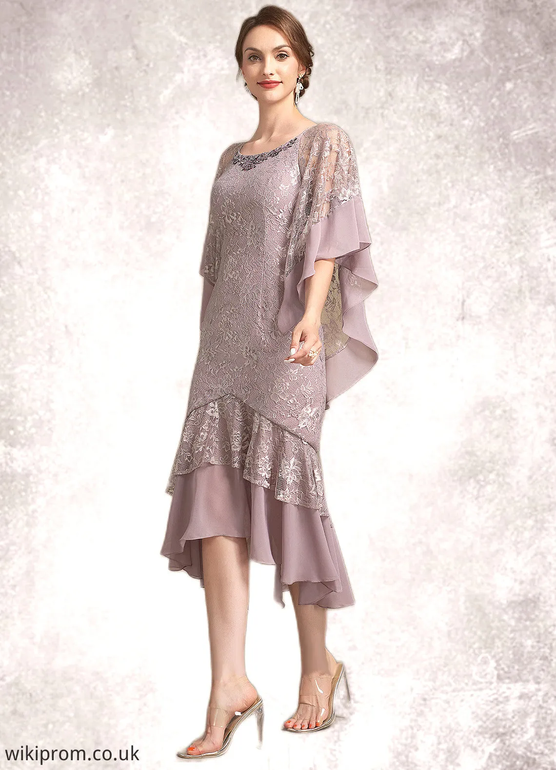 Jode Trumpet/Mermaid Scoop Neck Asymmetrical Chiffon Lace Mother of the Bride Dress SWK126P0014945