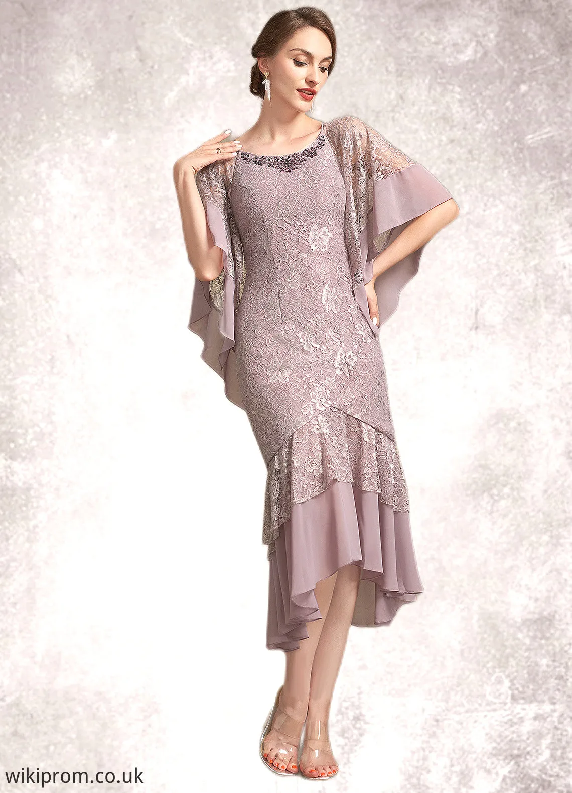Jode Trumpet/Mermaid Scoop Neck Asymmetrical Chiffon Lace Mother of the Bride Dress SWK126P0014945