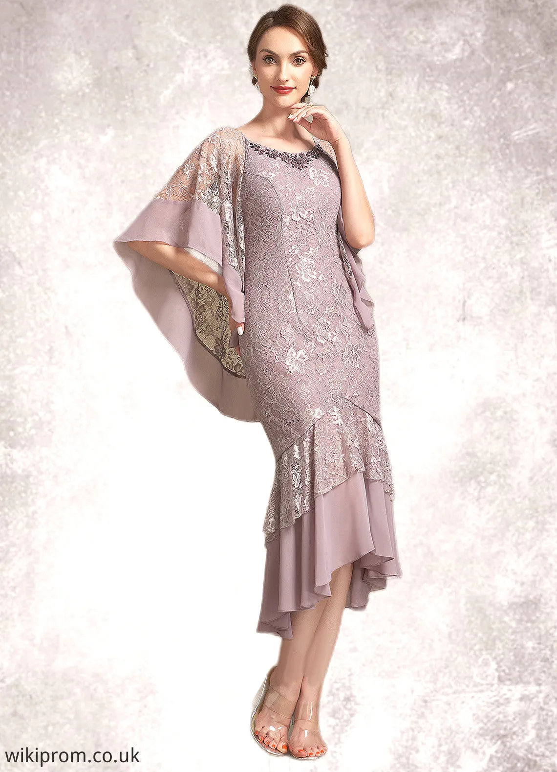 Jode Trumpet/Mermaid Scoop Neck Asymmetrical Chiffon Lace Mother of the Bride Dress SWK126P0014945
