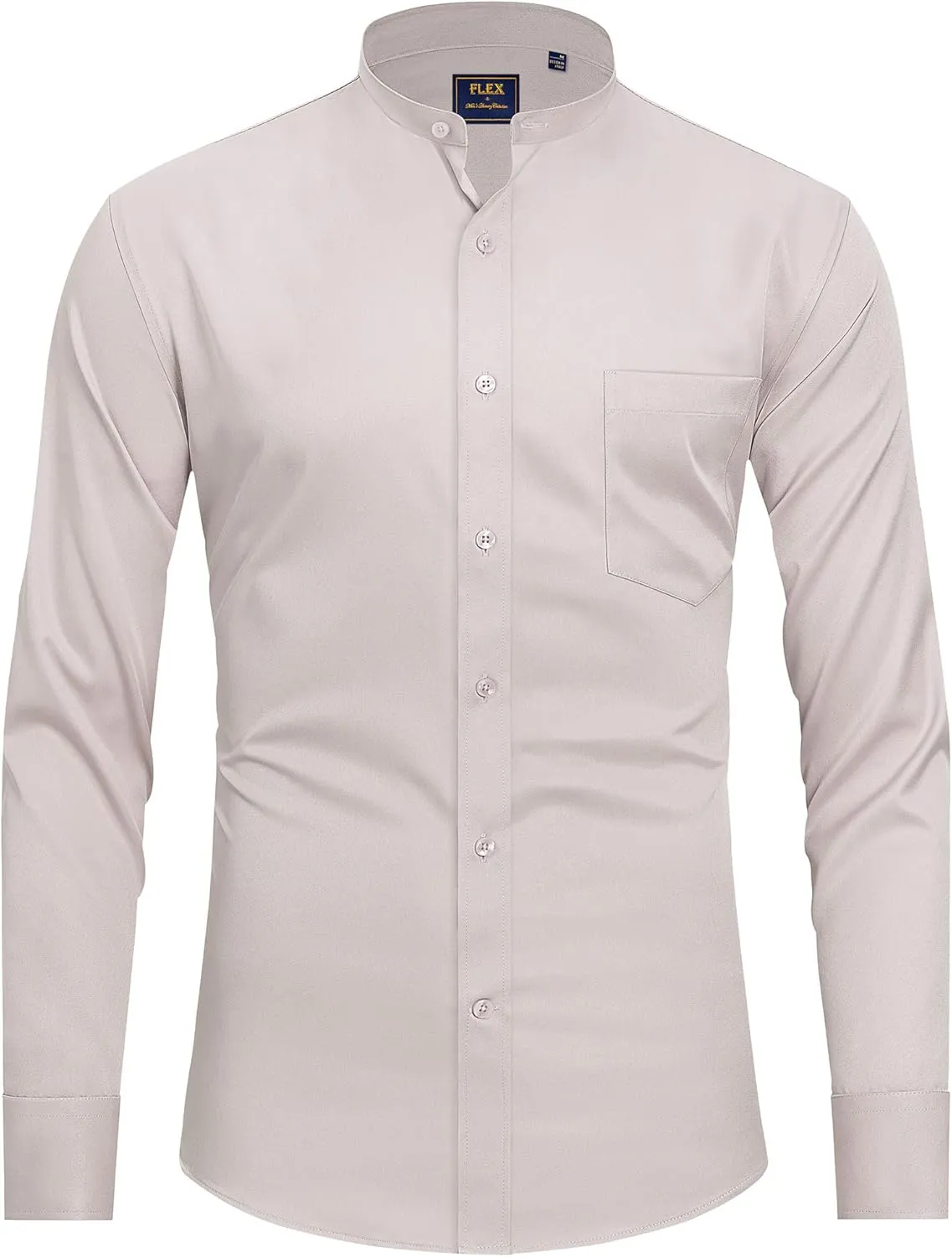 J.VER Mens Banded Collar Dress Shirts Long Sleeve Button Down Mandarin Collar Shirt Solid Stretch Shirt with Pocket