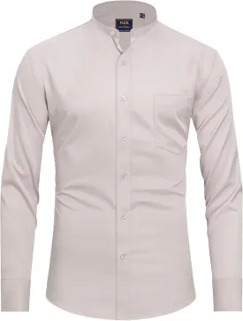J.VER Mens Banded Collar Dress Shirts Long Sleeve Button Down Mandarin Collar Shirt Solid Stretch Shirt with Pocket