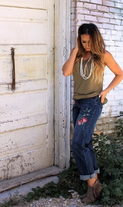 L&B Boyfriend Fit With Multi Colored Floral Embroidery