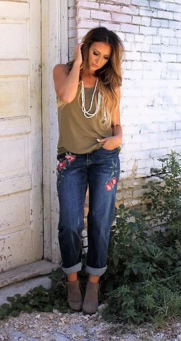 L&B Boyfriend Fit With Multi Colored Floral Embroidery