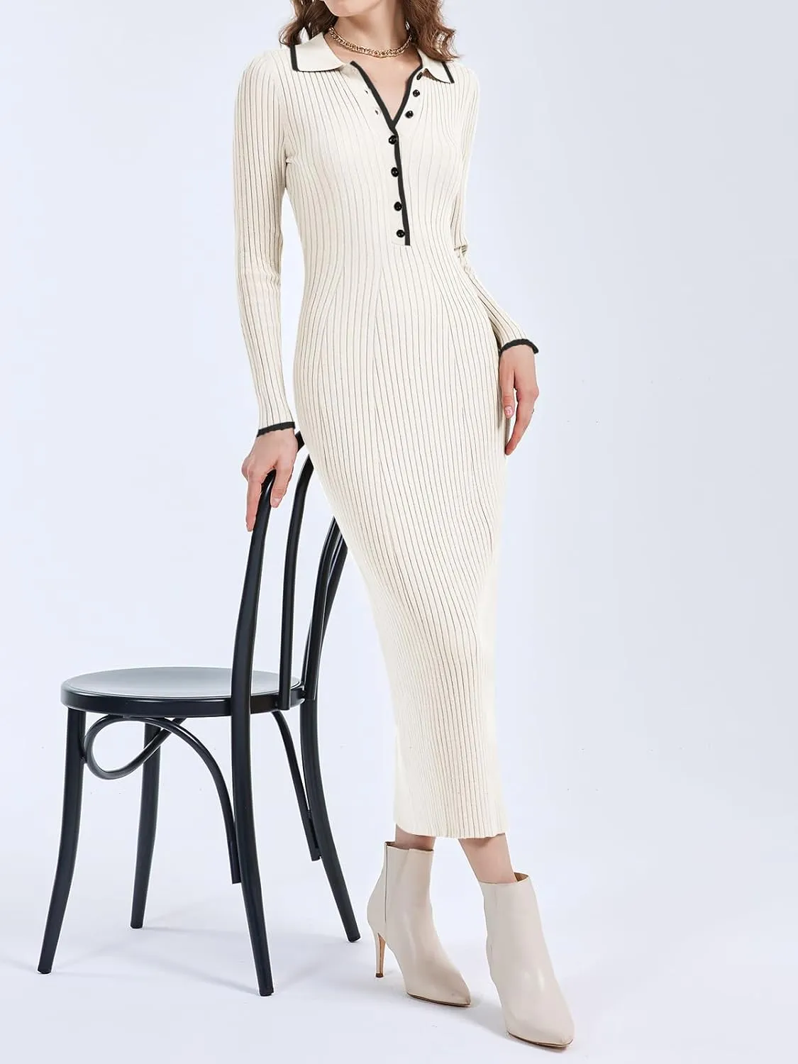 Langwyqu Womens Knit Long Sweater Dress Button V Neck Collared Long Sleeve Ribbed Bodycon Pullover 2024 Fall Maxi Dresses